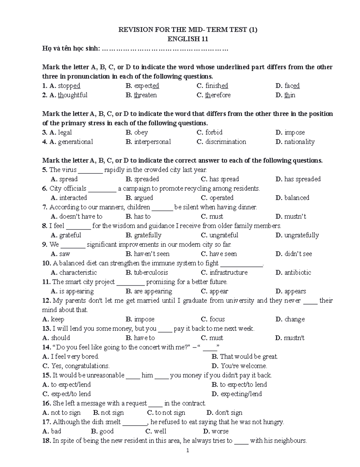 GK1- TEST 1 - nothing - REVISION FOR THE MID- TERM TEST (1) ENGLISH 11 ...