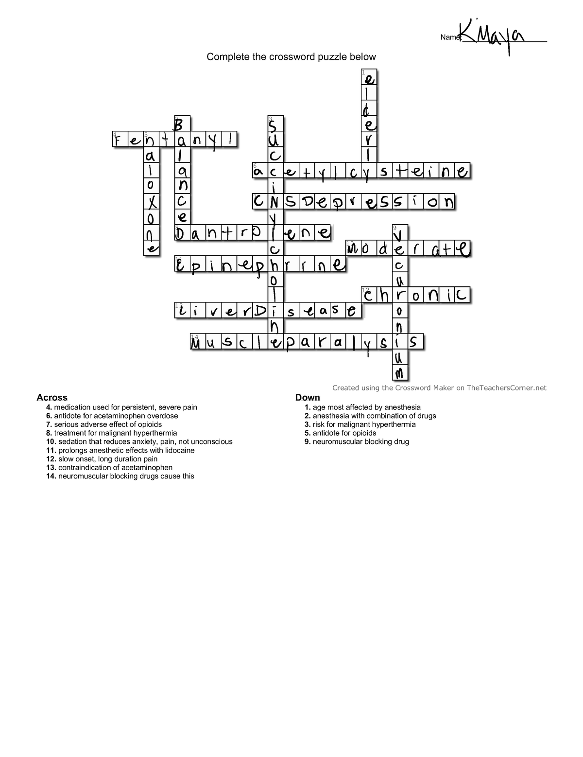 Ch 10 11 Crossword Puzzle Down 1 age most affected by anesthesia 2