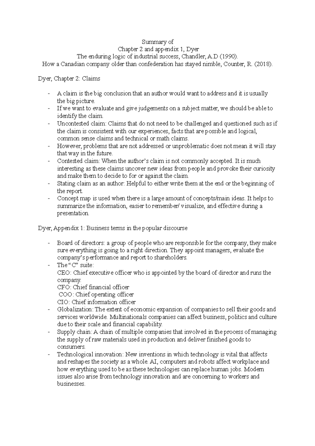 Chandler theory - Summary of Chapter 2 and appendix 1, Dyer The ...