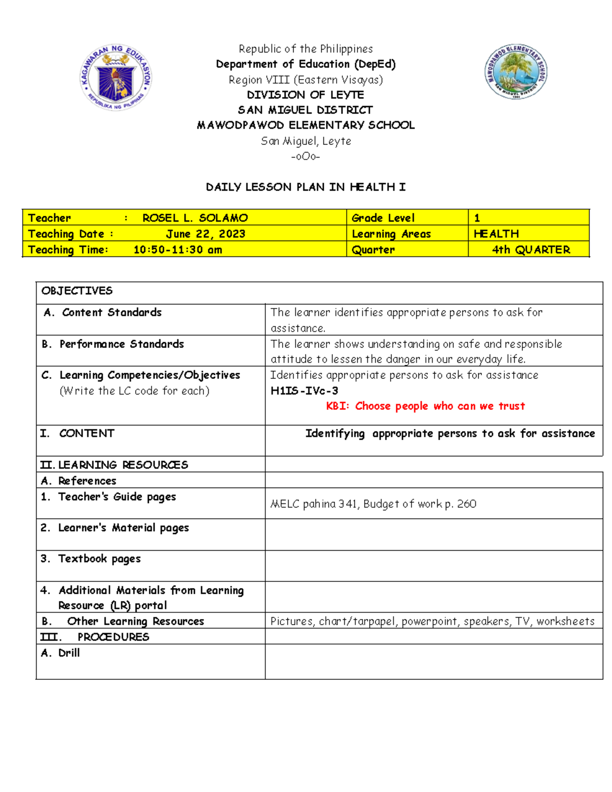 COT Health I (Quarter 4) V2 Republic of the Philippines Department of