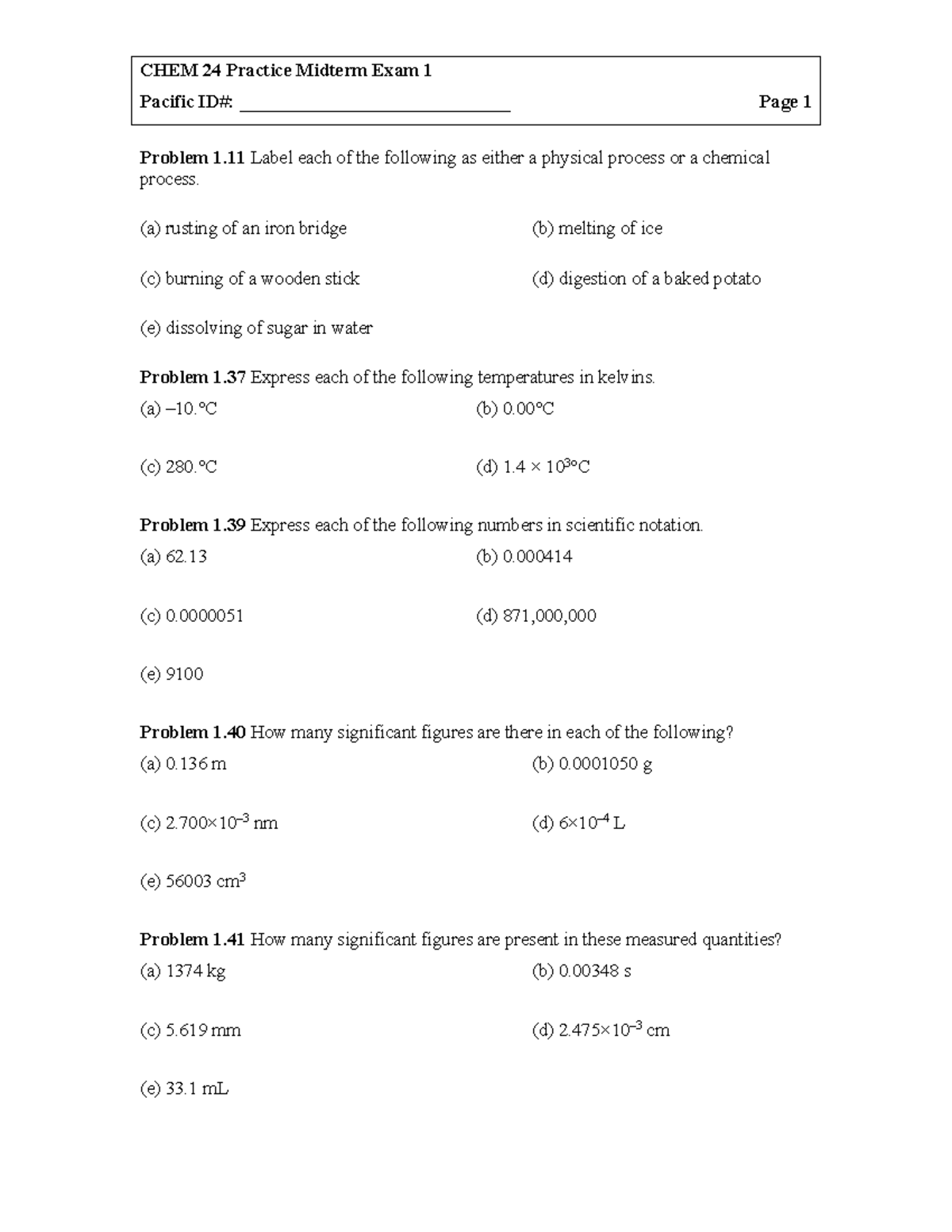Chem24 2022spring midterm 1 practice - Pacific ID ...