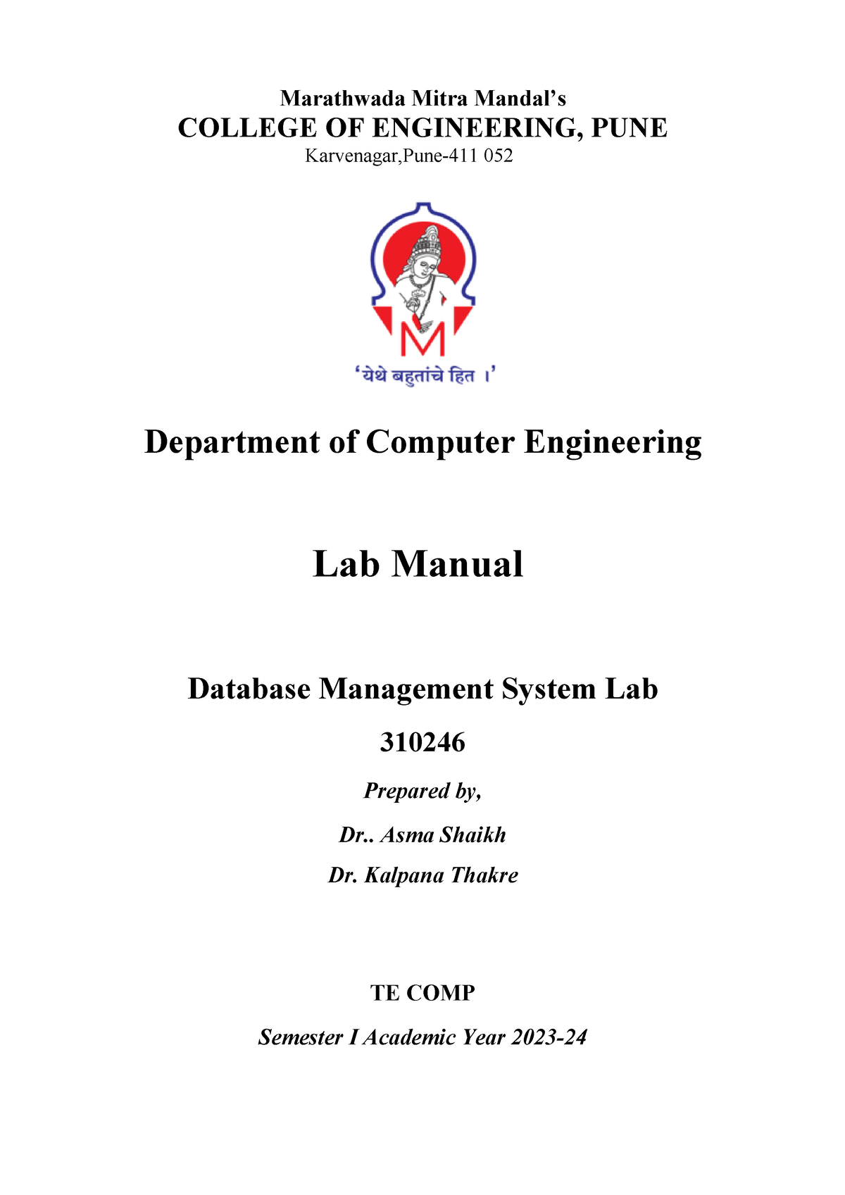 Dbms Lab - Marathwada Mitra Mandal’s COLLEGE OF ENGINEERING, PUNE ...