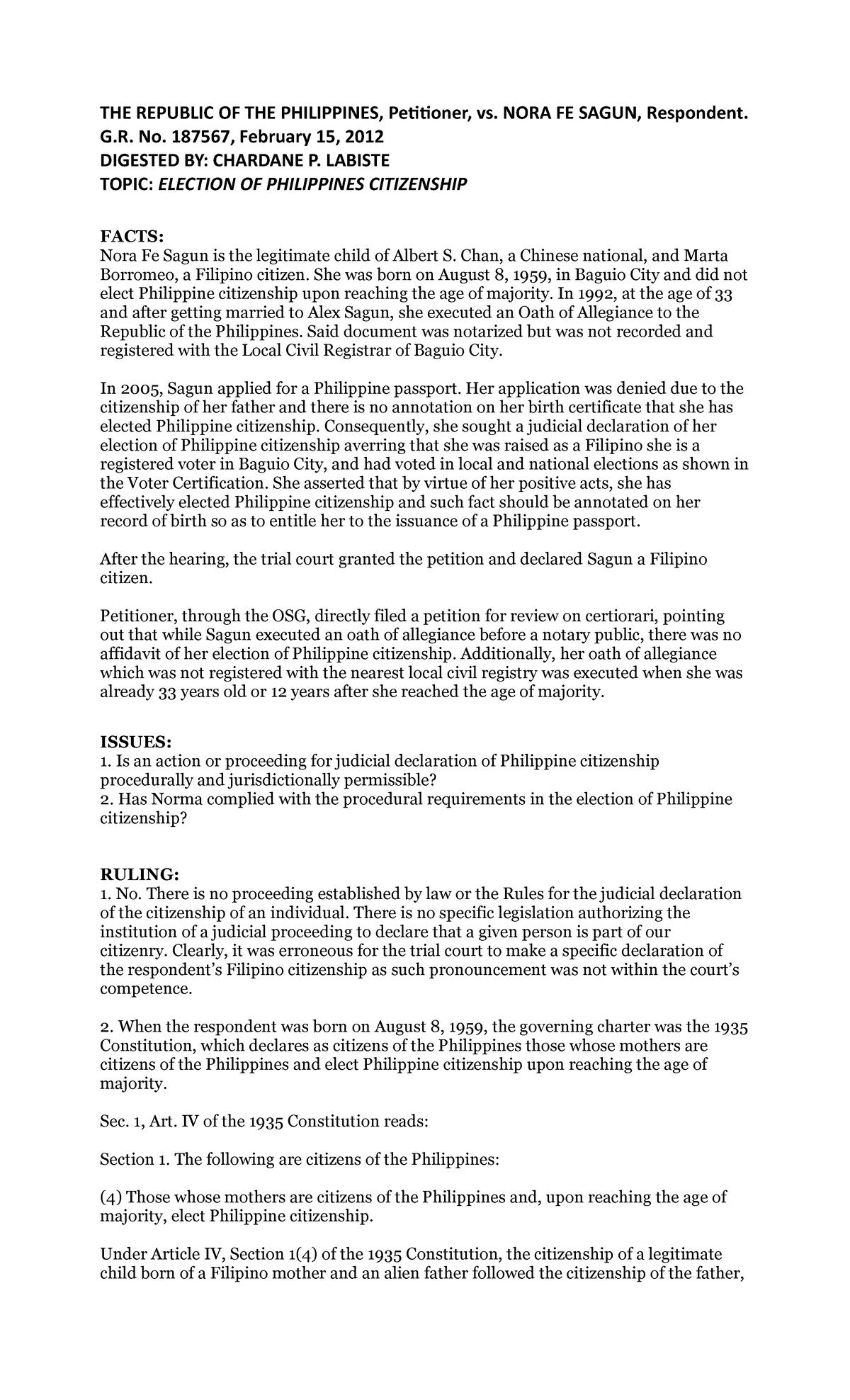 12 Philippines v Sagun - Case Digest - THE REPUBLIC OF THE PHILIPPINES ...