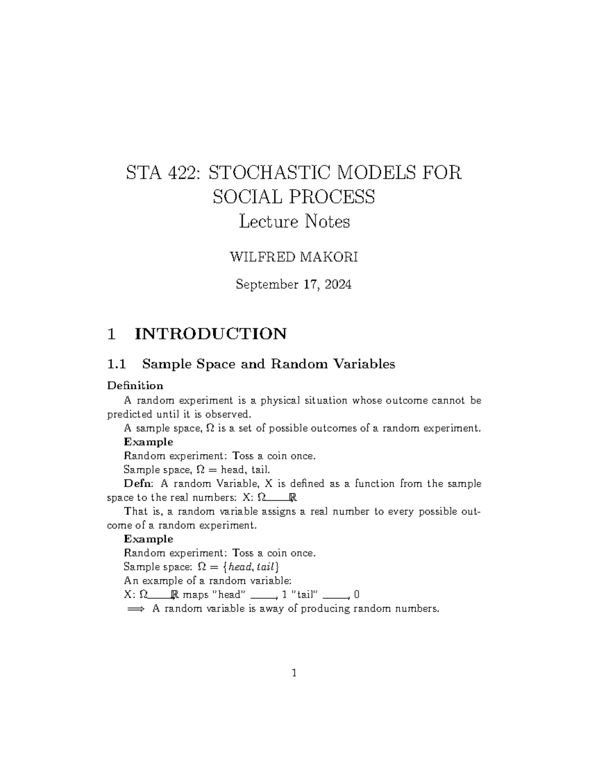 STA 422 Lesson 1 - Lecture notes - STA 422: STOCHASTIC MODELS FOR ...