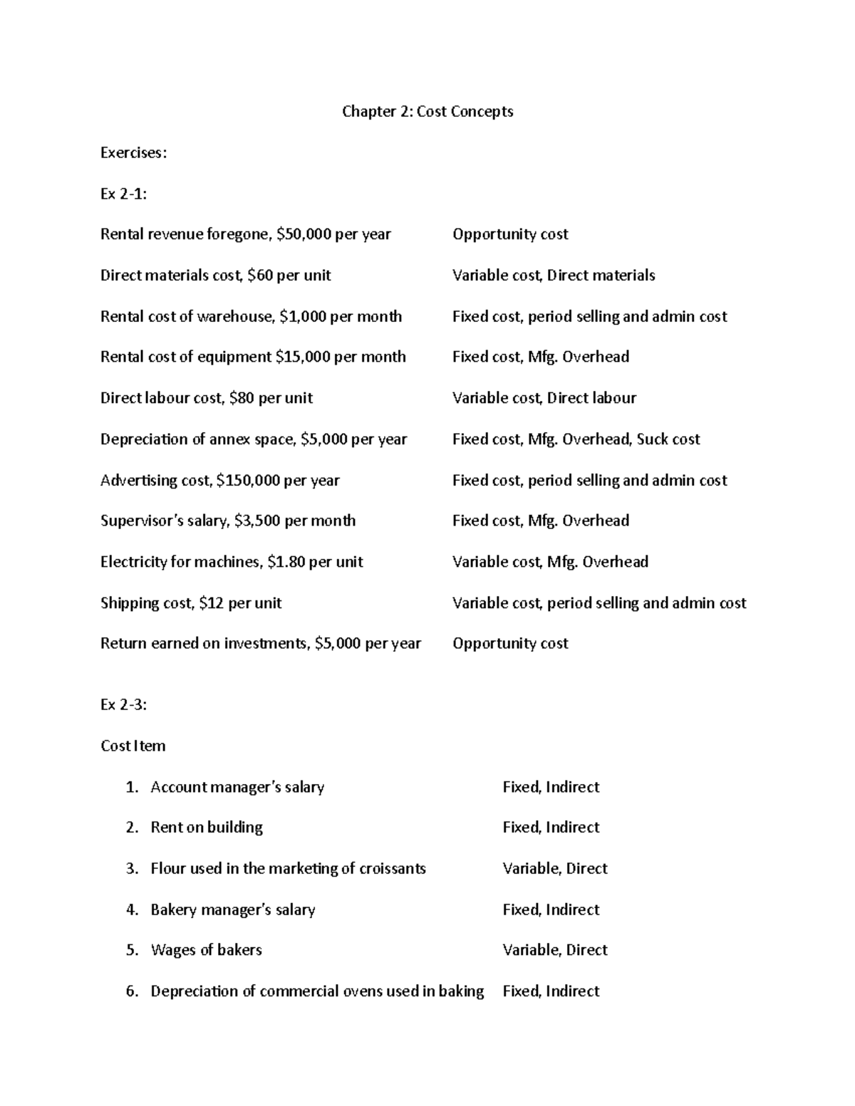 Cost Accounting Chapter 2 - Chapter 2: Cost Concepts Exercises: Ex 2-1 ...