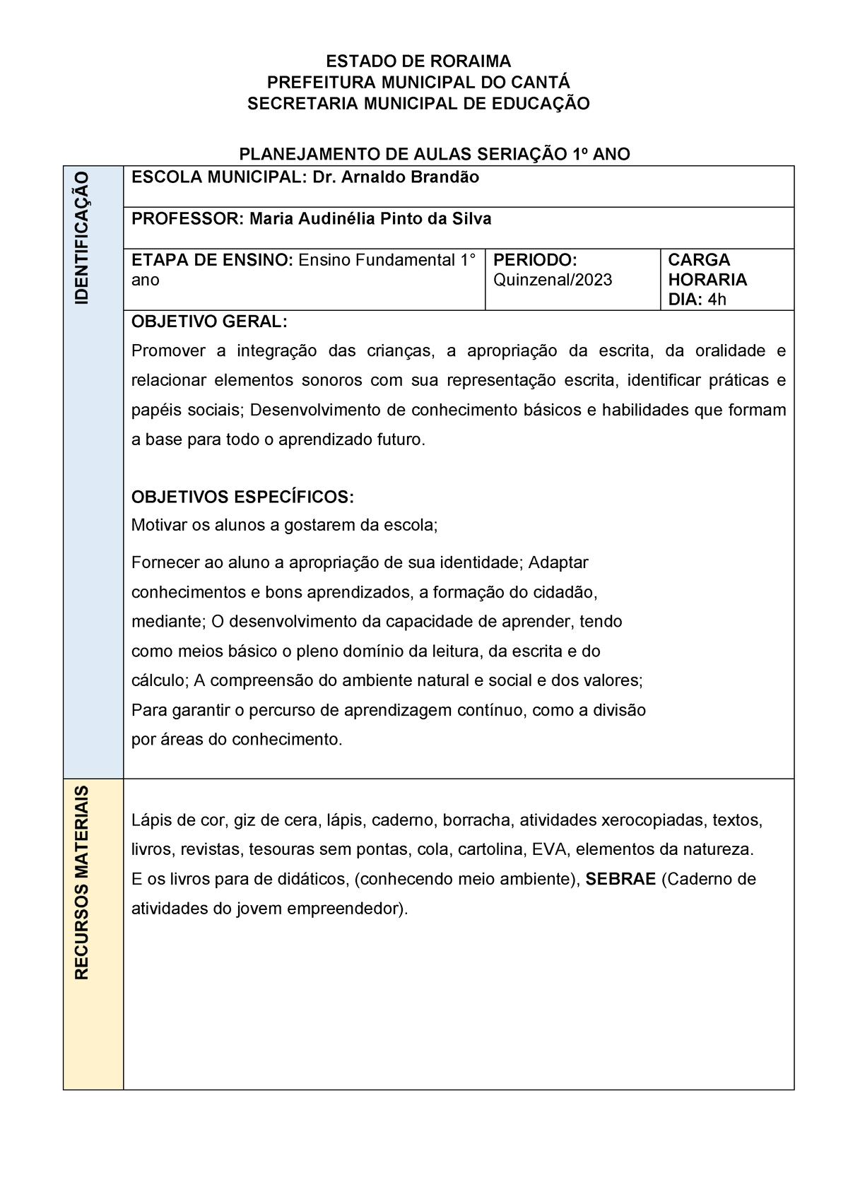 Plano De Aula Do 1 B - PREFEITURA MUNICIPAL DO CANTÁ SECRETARIA ...