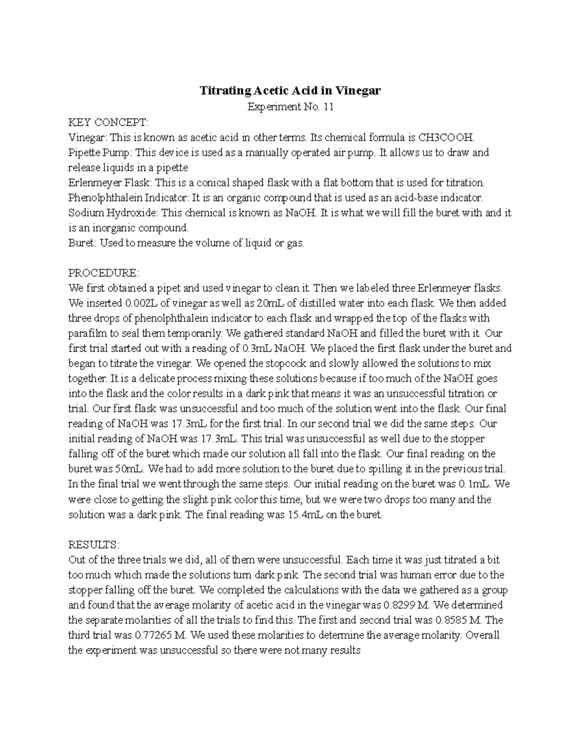 Lab 11 Summary Titrating Acetic Acid in Vinegar Experiment No. 11 KEY