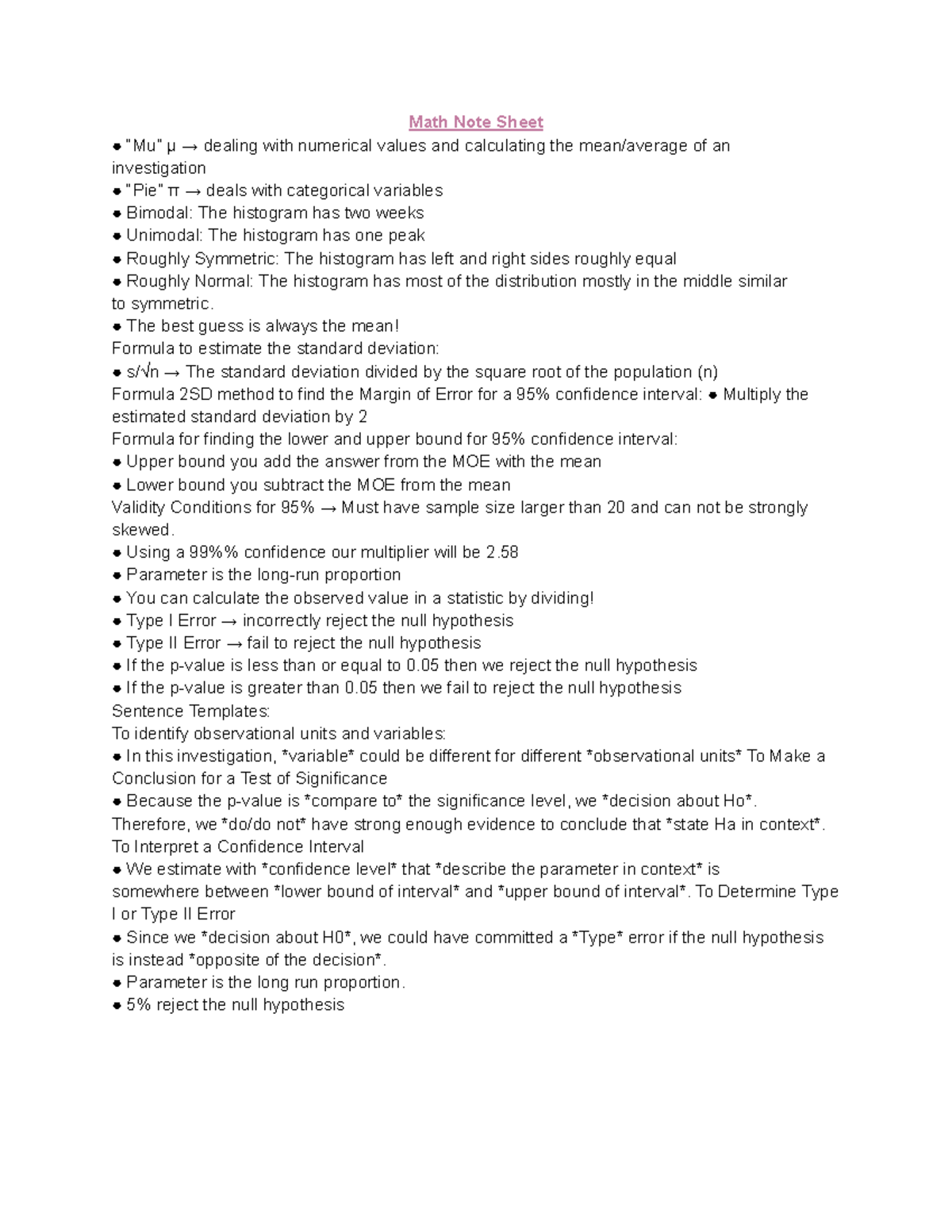 Math 120 Test #1 Notes - Math Note Sheet “Mu” μ → dealing with ...