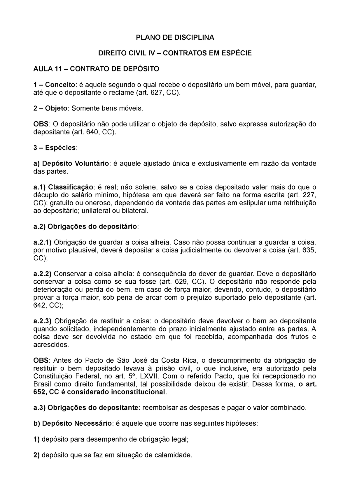 Plano De Disciplina Contratos Em Espécia Aula 11 Contrato De Depósito Plano De 9166