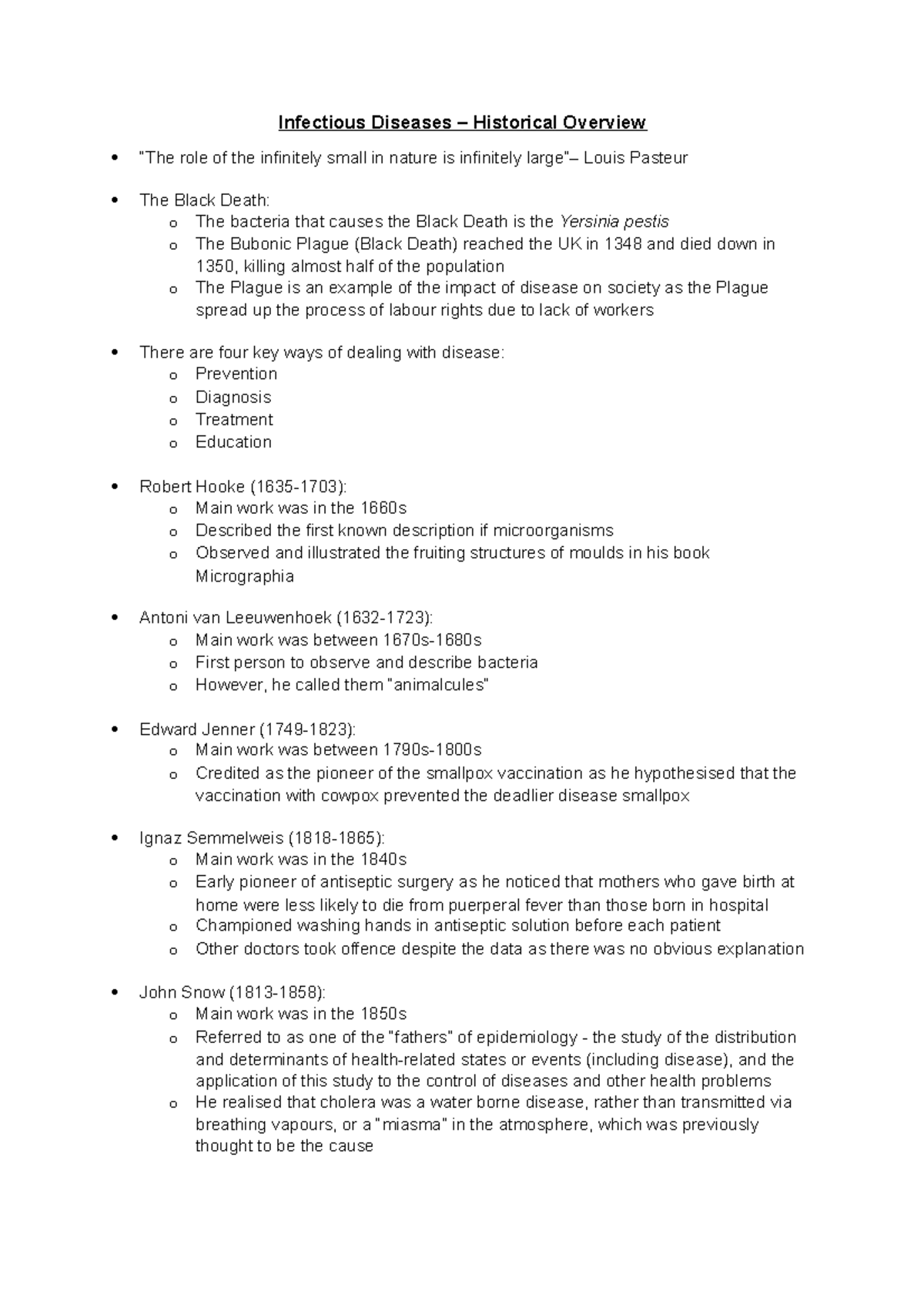 Lecture 1 notes - Infectious Diseases a Historical Overview ...