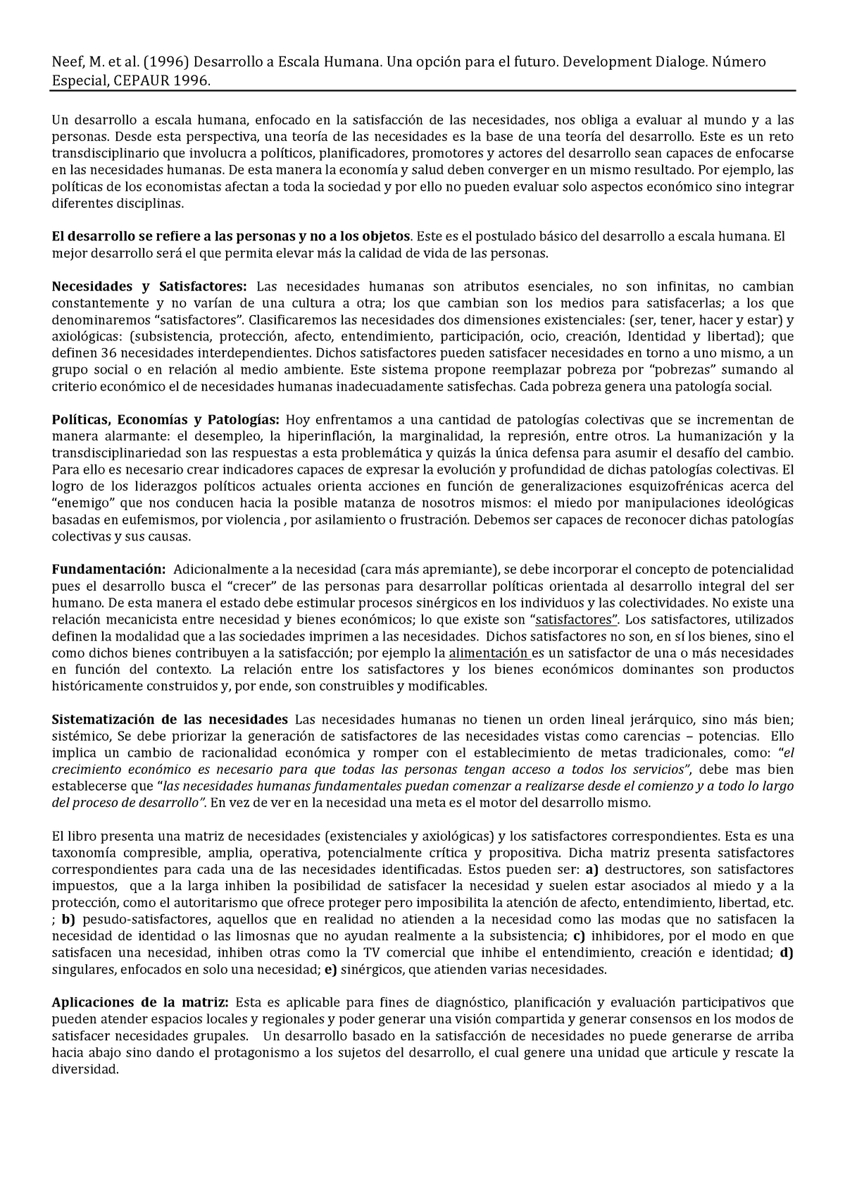 Desarrollo A Escala Humana Neef M Et Al 1996 Desarrollo A Escala Humana Una Opción Para 0568