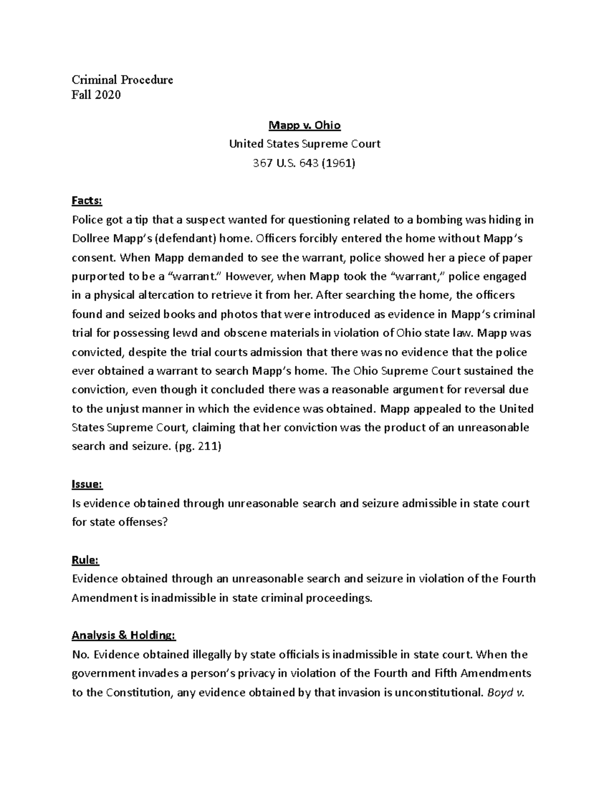 Crim Pro Case Brief Mapp v. Ohio - Criminal Procedure Fall 2020 Mapp v ...