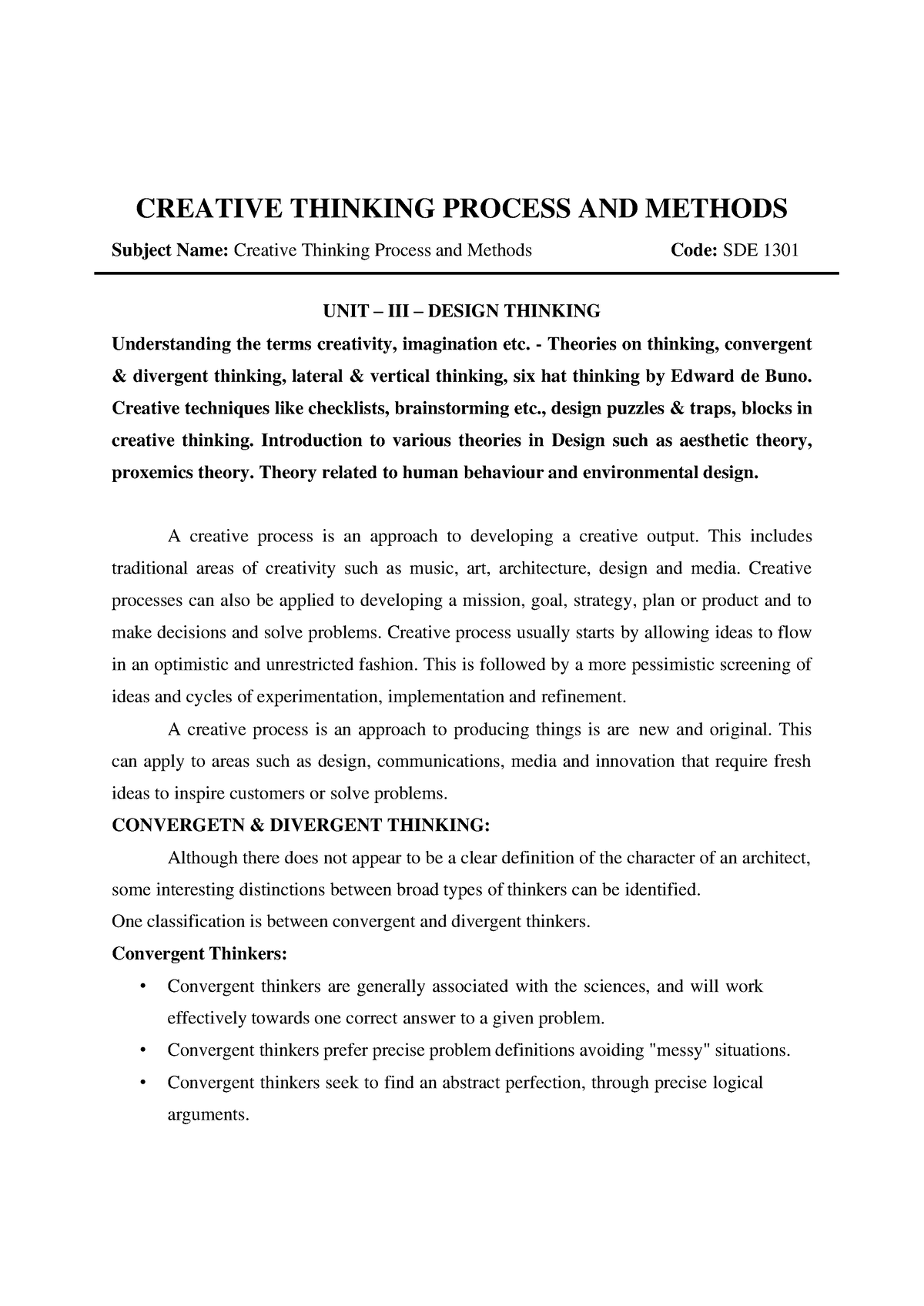 Design Thinking Creative Thinking Process And Methods Subject Name Creative Thinking Process 2585