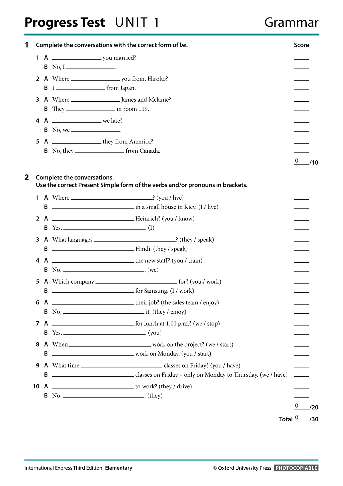 IE Elementary Test 1 - Examen - Progress Test U N IT 1 Grammar 1 ...