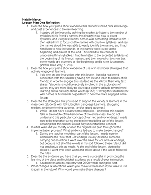 Lp1 Reflection Special Rdng Needs Sec Classrm Studocu