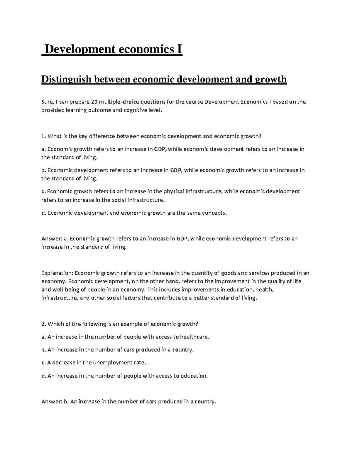 Development economics I question blue print (10) - Development ...