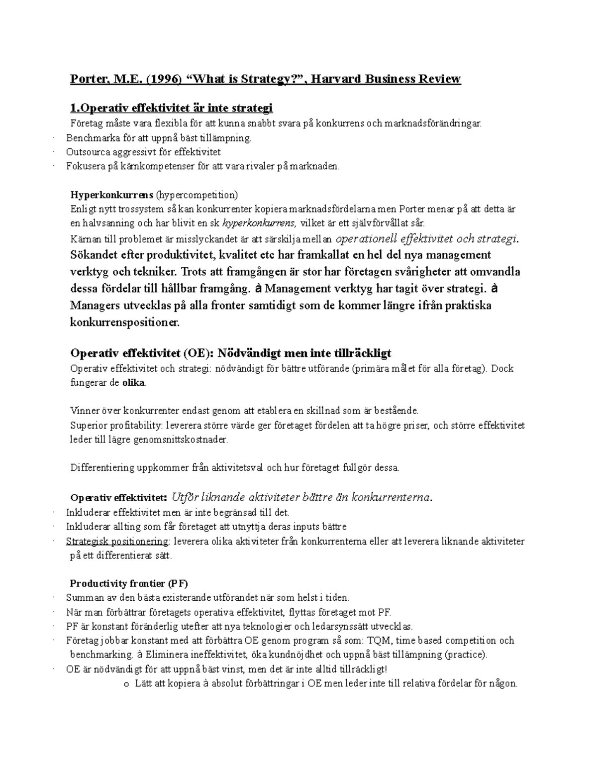 Porter M E 1996 What Is Strategy Harvard Business Review StuDocu