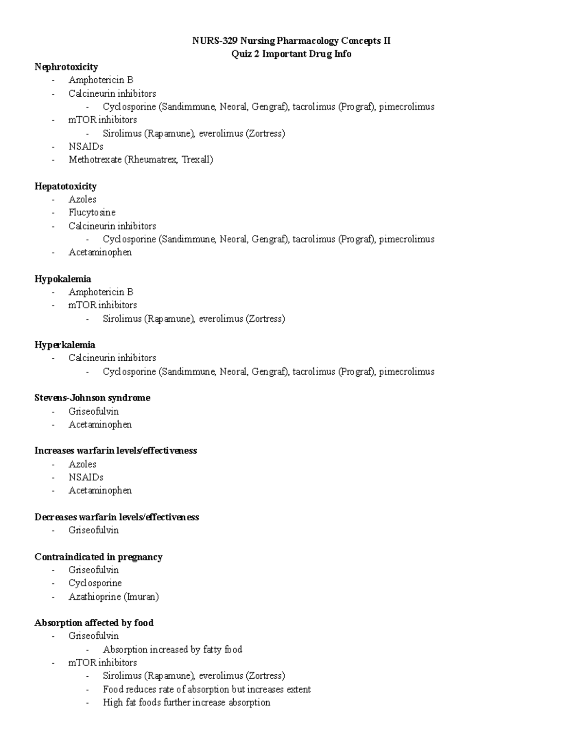 Quiz 2 important drug info NURS329 Nursing Pharmacology Concepts II
