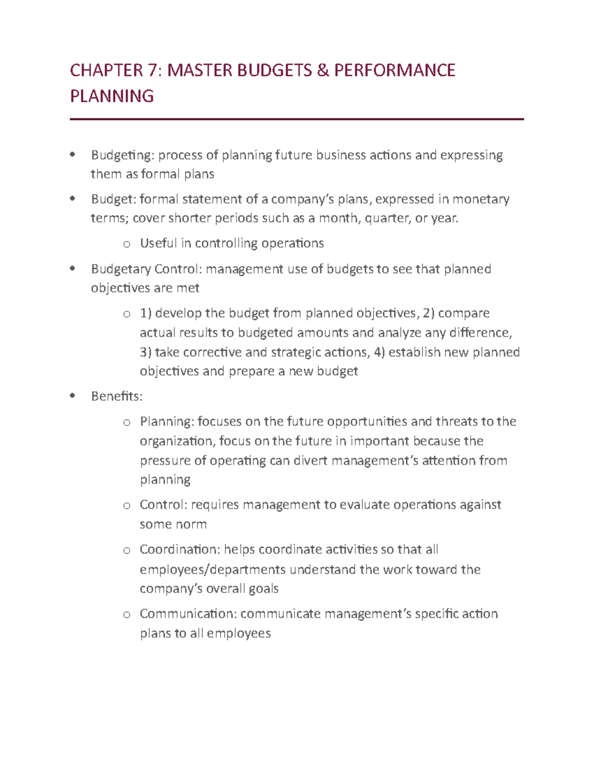 Chapter 7 - Lecture Notes 7 - CHAPTER 7: MASTER BUDGETS PERFORMANCE ...