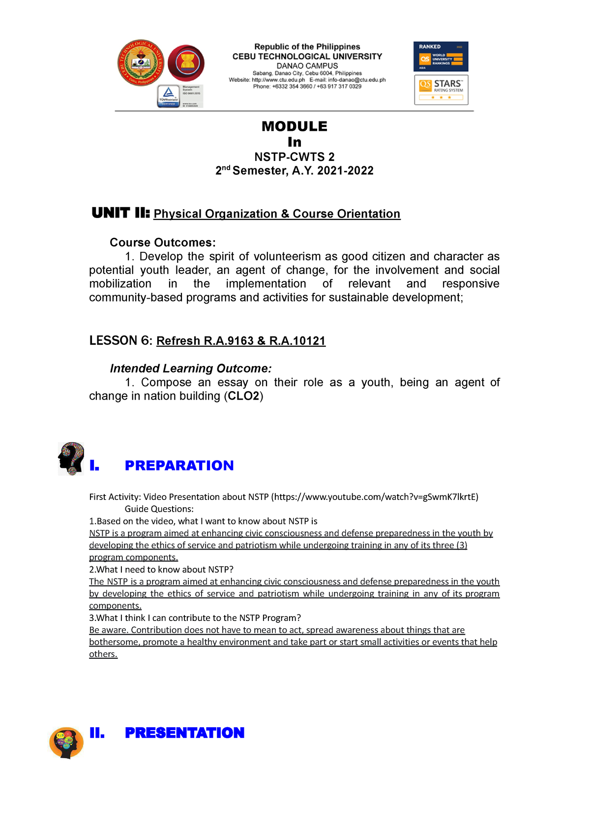 Module 1 Refresh-RA-9163-CWTS - NSTP - MODULE In NSTP-CWTS 2 2 ...