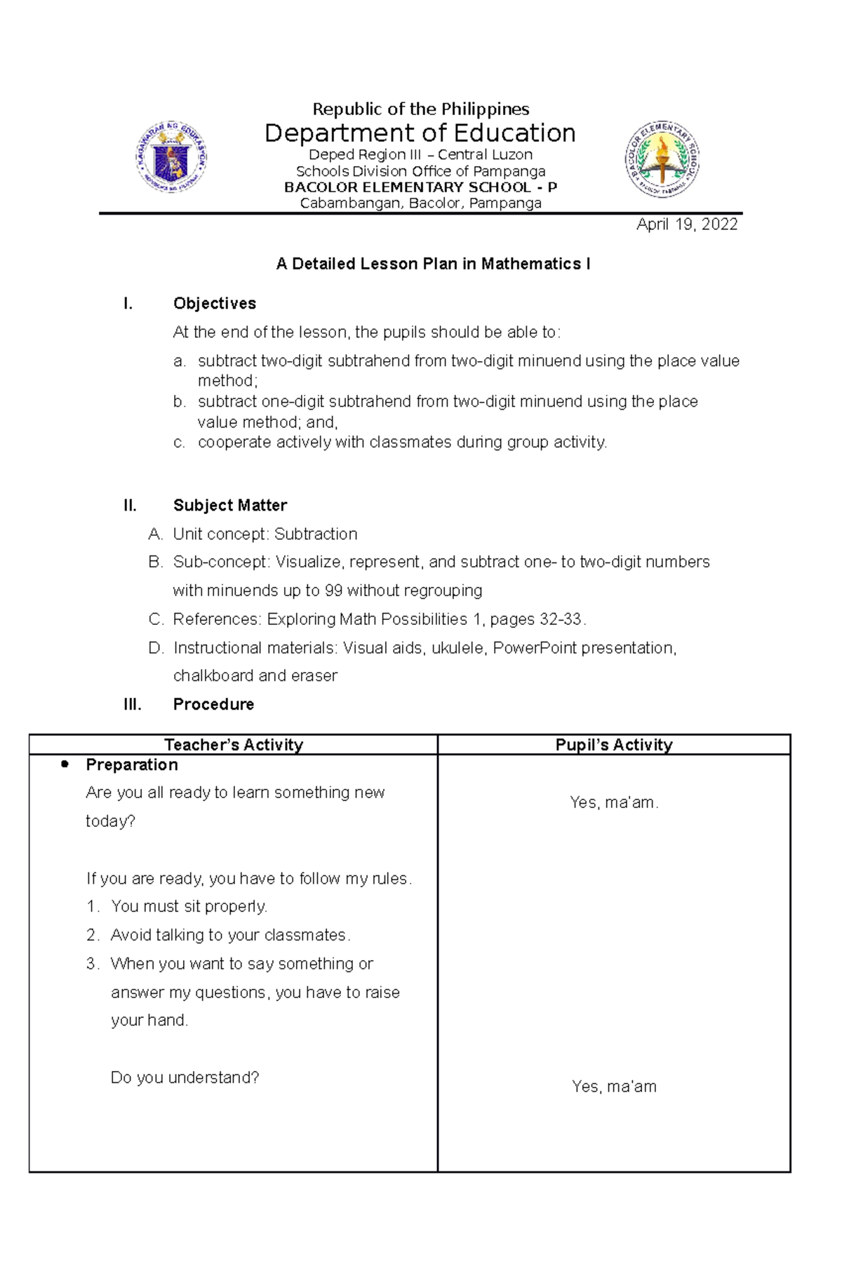 Math 1 - COT 1 - Republic of the Philippines Department of Education ...