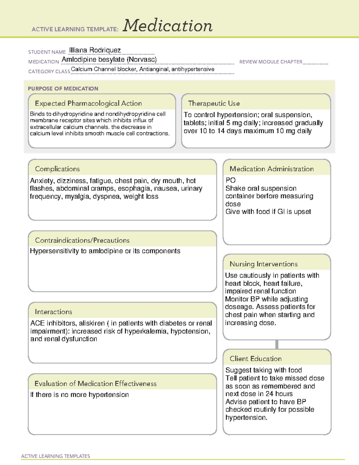 ATI medication card - ACTIVE LEARNING TEMPLATES Medication STUDENT NAME ...