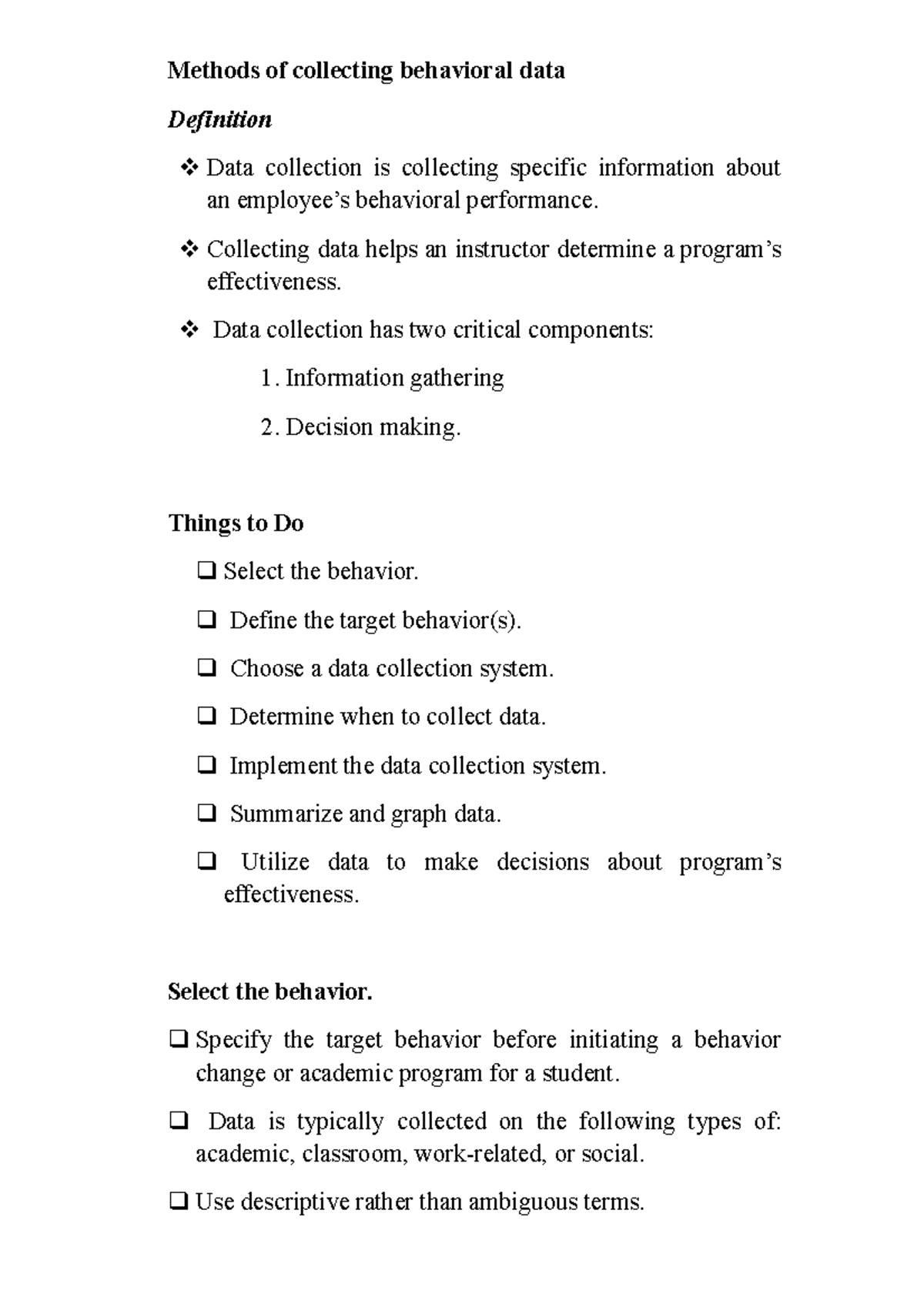 Methods of collecting behavioral data - Methods of collecting ...