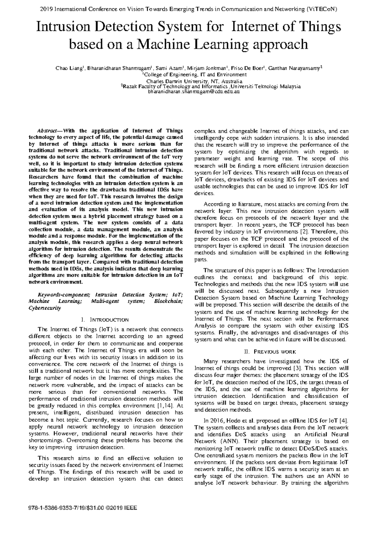 Intrusion Detection System for Internet of Things based on a Machine ...