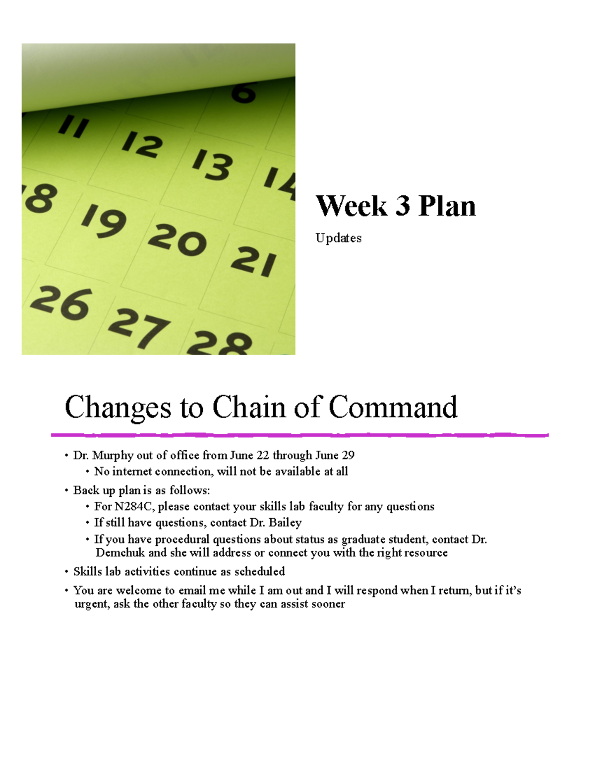 Theory Week 2 2024 - Week 3 Plan Updates Changes to Chain of Command Dr ...