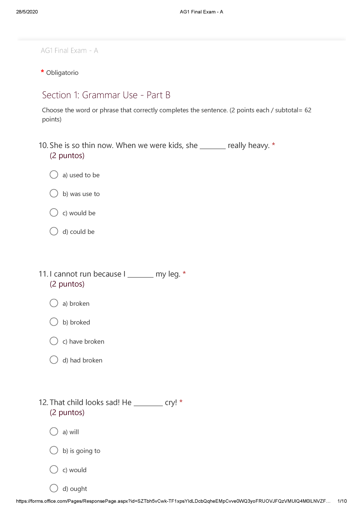 AG1 Final Exam 22222 A AG1 Exam AG1 Final Exam A Obligatorio 