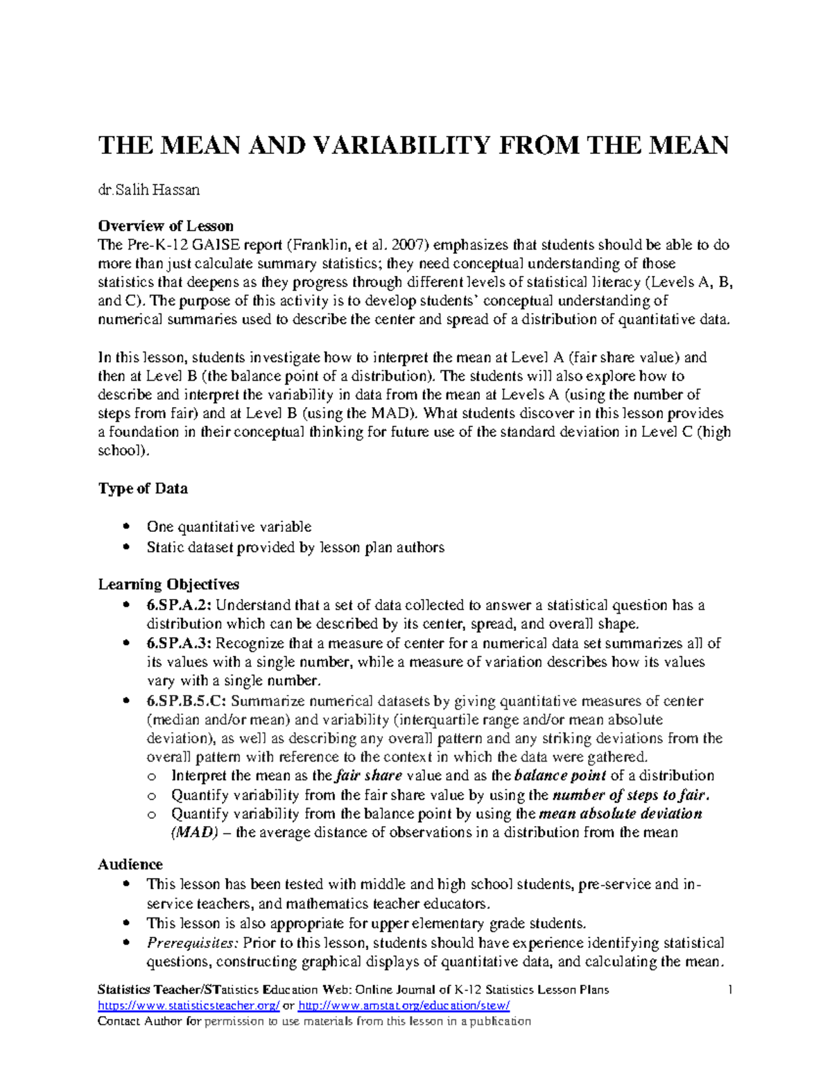 MeanandVariability Statistics Teacher/STatistics Education 