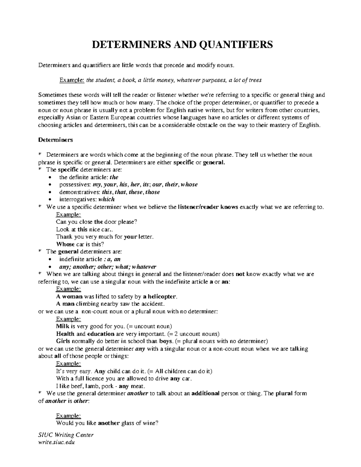 Determiners and Quantifiers - SIUC Writing Center DETERMINERS AND ...