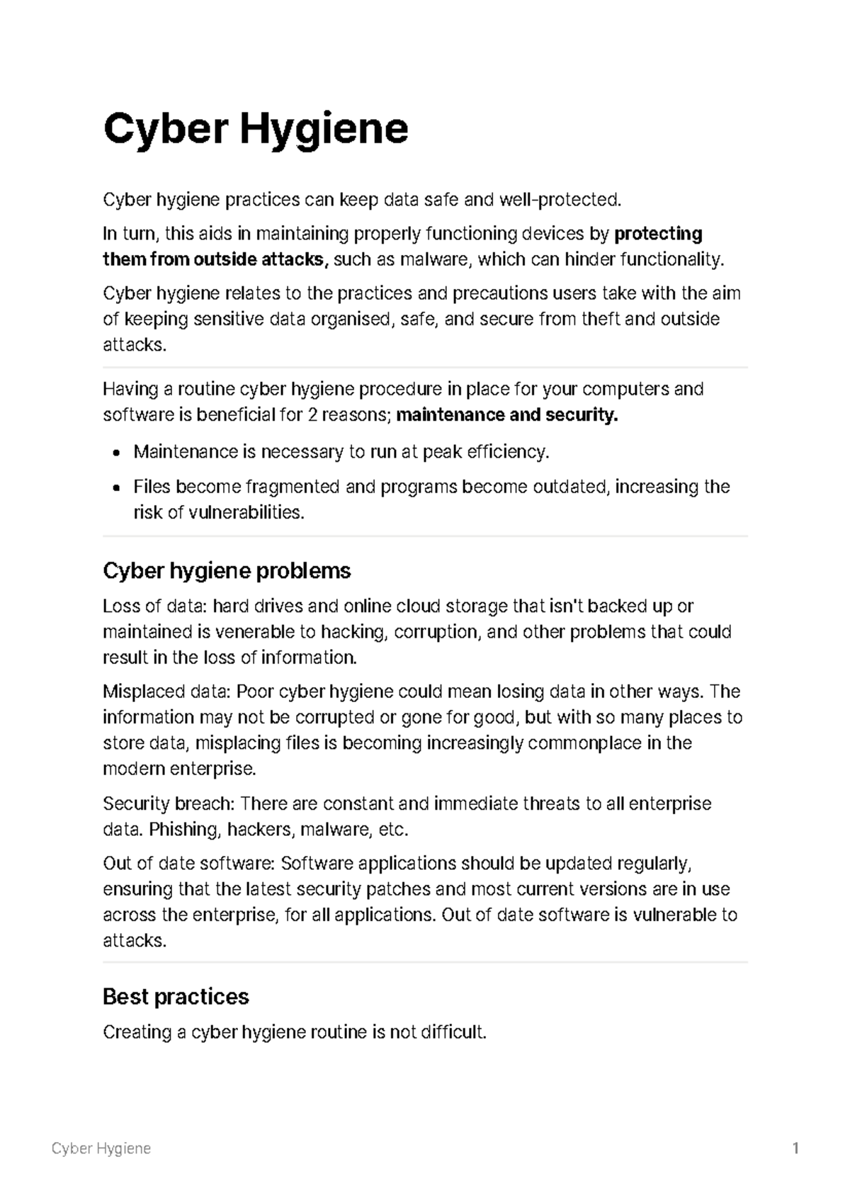 Cyber Hygiene - In turn, this aids in maintaining properly functioning ...