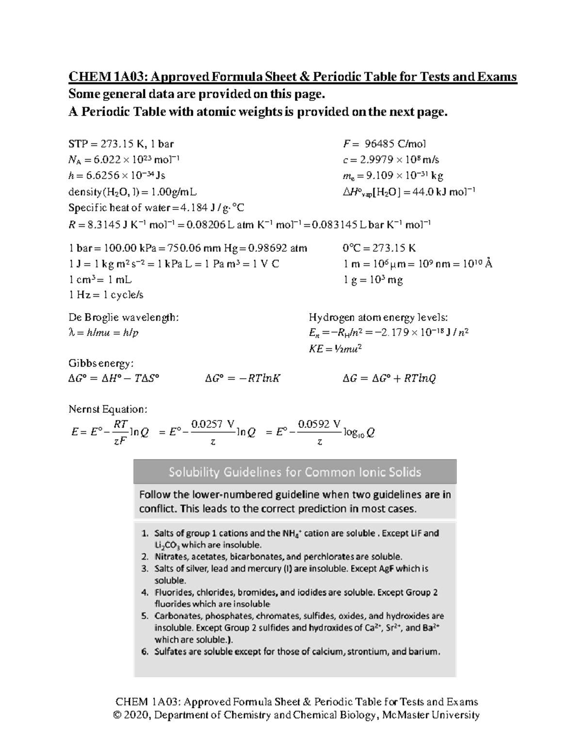 Formula Sheet And Perioidc Table For Chem 1a03 And 1aa3 Chem 1a03 Approved Formula Sheet Amp Studocu