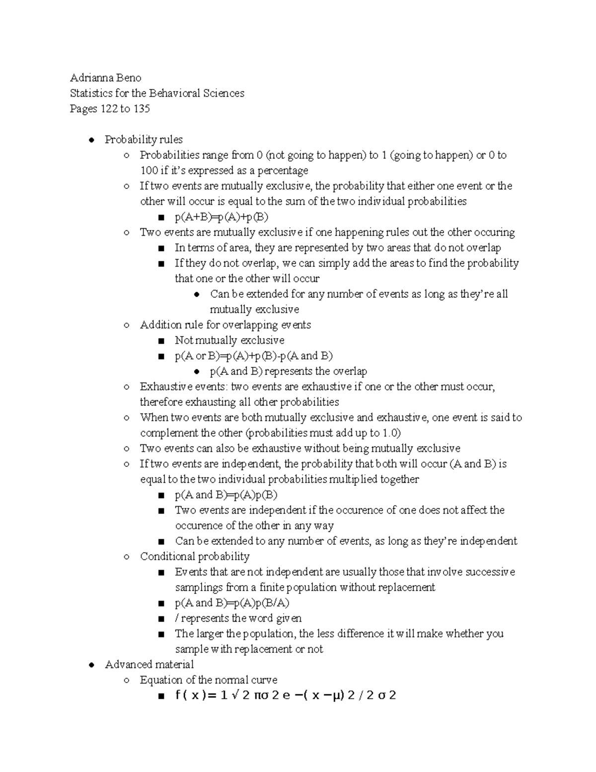 Pages 122 to 135 - Textbook notes - Adrianna Beno Statistics for the ...