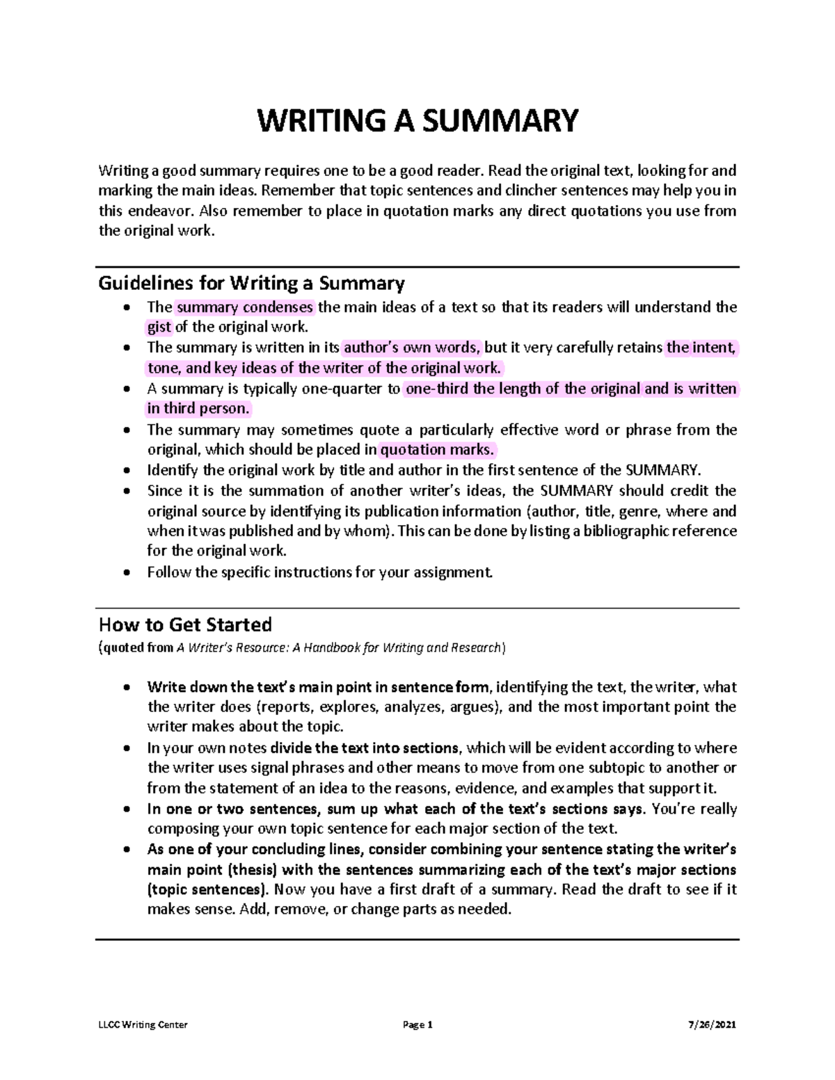 1. Writing a Summary - LLCC Writing Center Page 1 7/26/ WRITING A ...