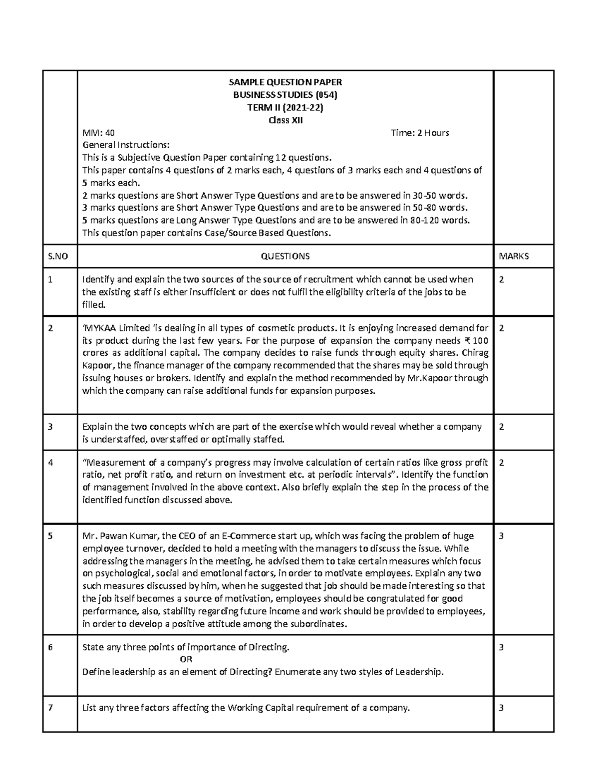 Business Studies-SQP Term2 - SAMPLE QUESTION PAPER BUSINESS STUDIES ...