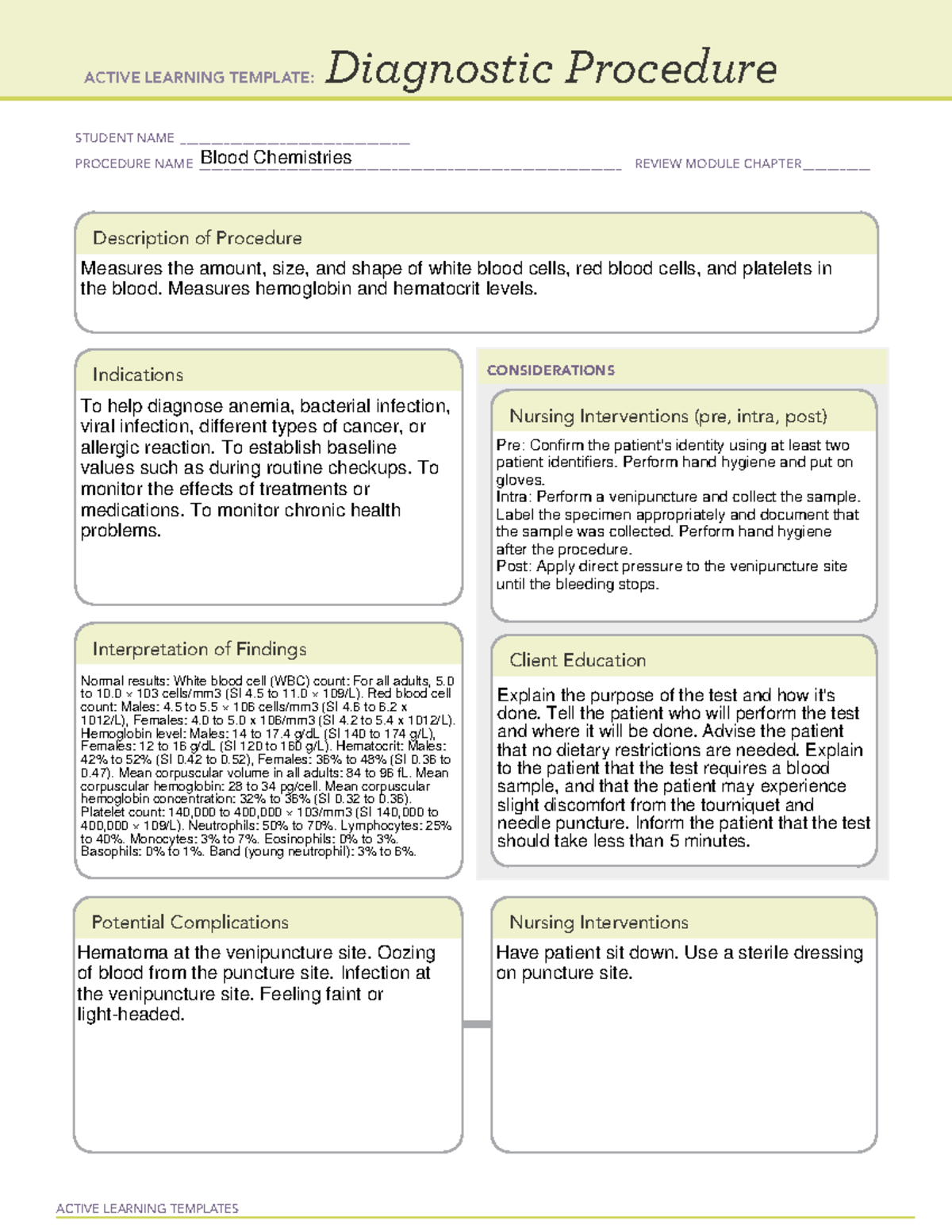 Ati - Diagnostic Procedure Template Blood Chemistries - Active Learning 