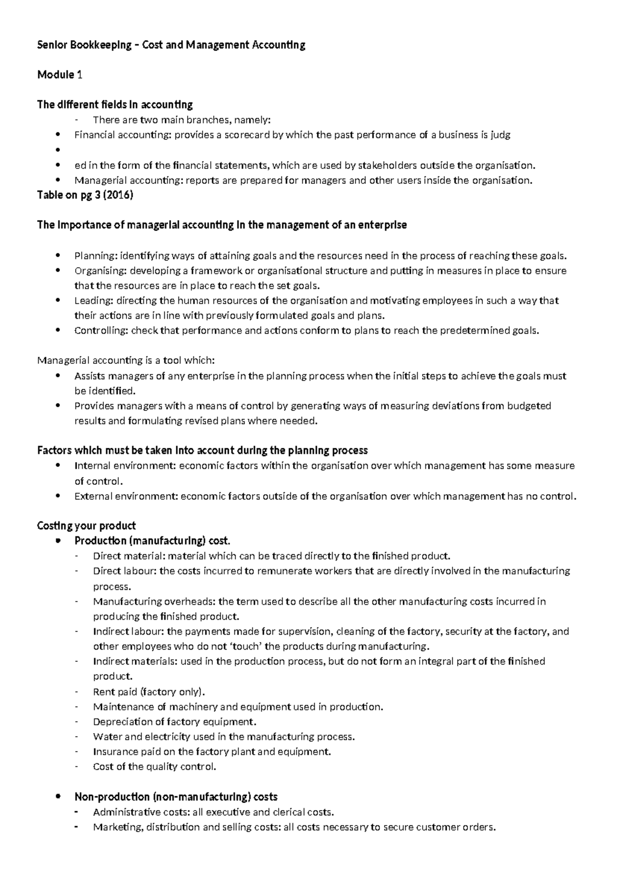 Cost Management Study Notes 1 Senior Bookkeeping Cost And