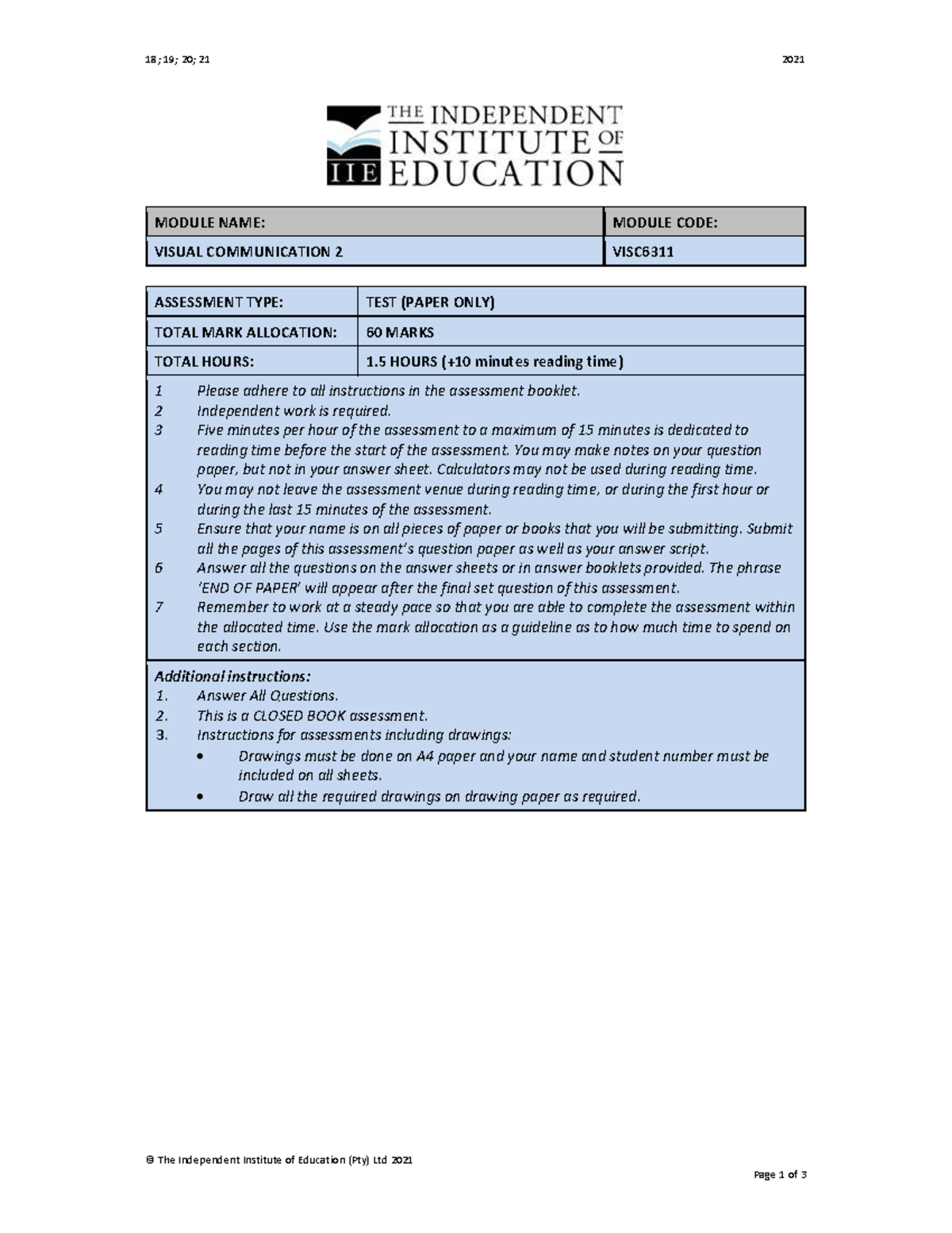 Visc6311t1a Sdt1 S1 Past Paper 18 19 20 21 2021 The Independent Institute Of Education Visc6311t1a Sdt1 S1 Past Paper 18 19 20 21 2021 The Independent Institute Of Education