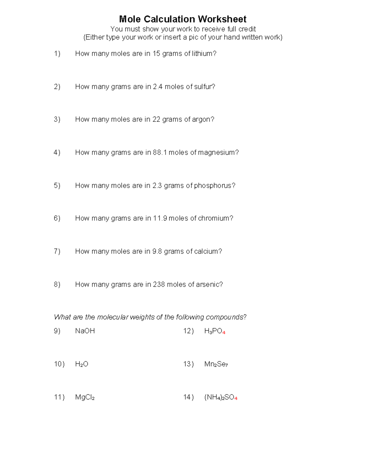 Mole Practice Worksheet - Mole Calculation Worksheet You Must Show Your 