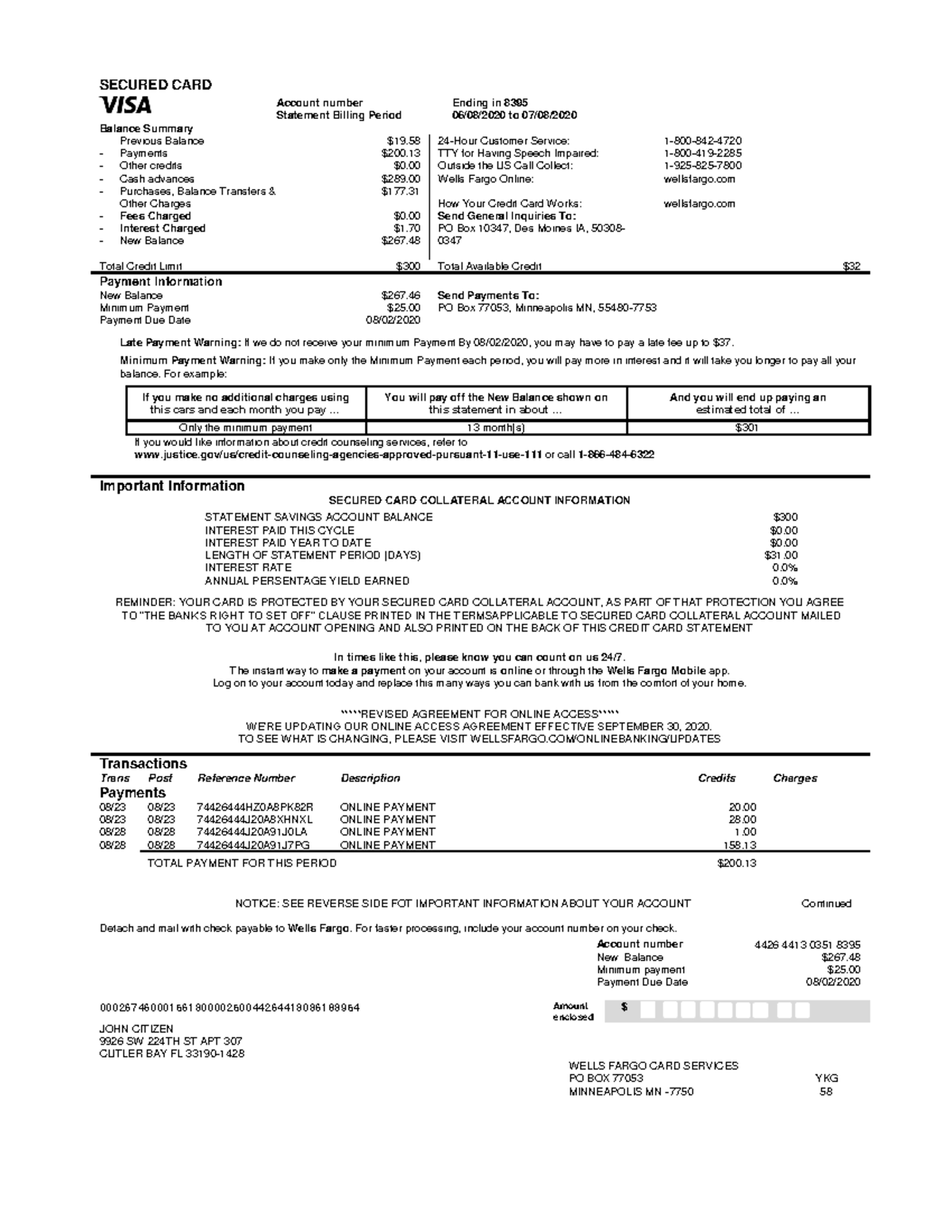 USA Wells Fargo bank credit card statement - SECURED CARD Account ...