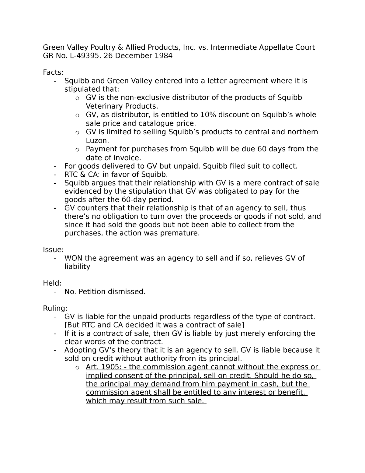 Idoc LAW Green Valley Poultry & Allied Products, Inc. vs