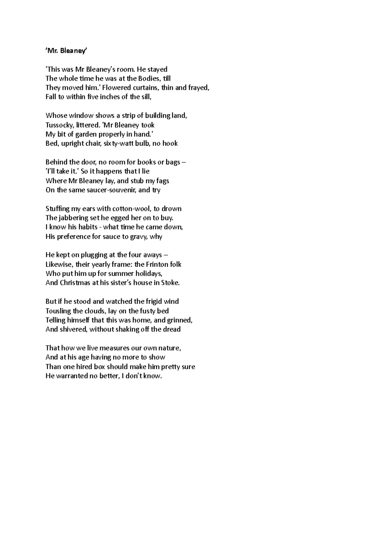 Mr,Bleaney Analysis Study notes breakdown of poem ’Mr. Bleaney