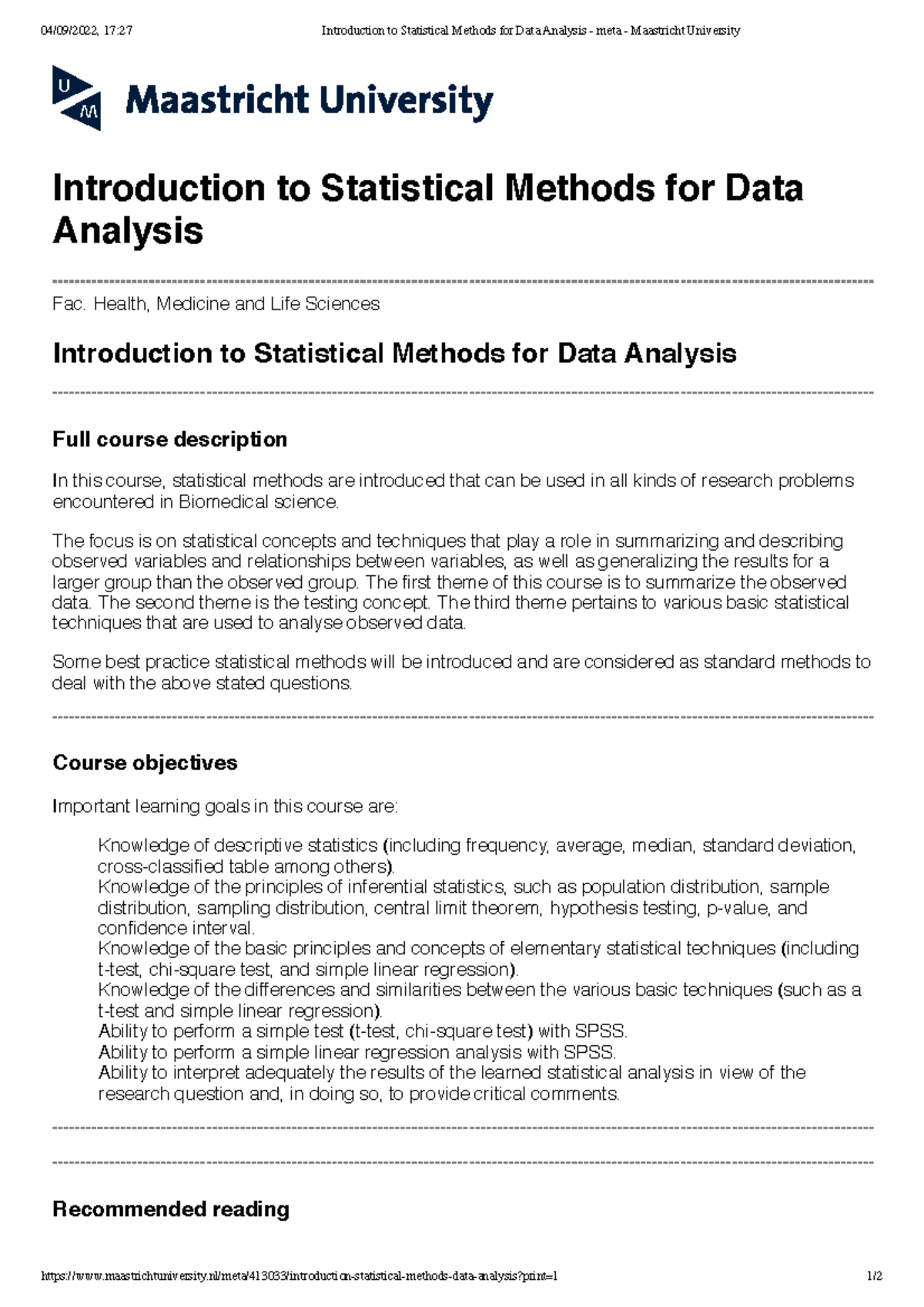 Introduction To Statistical Methods For Data Analysis Meta Maastricht University 0409 9593