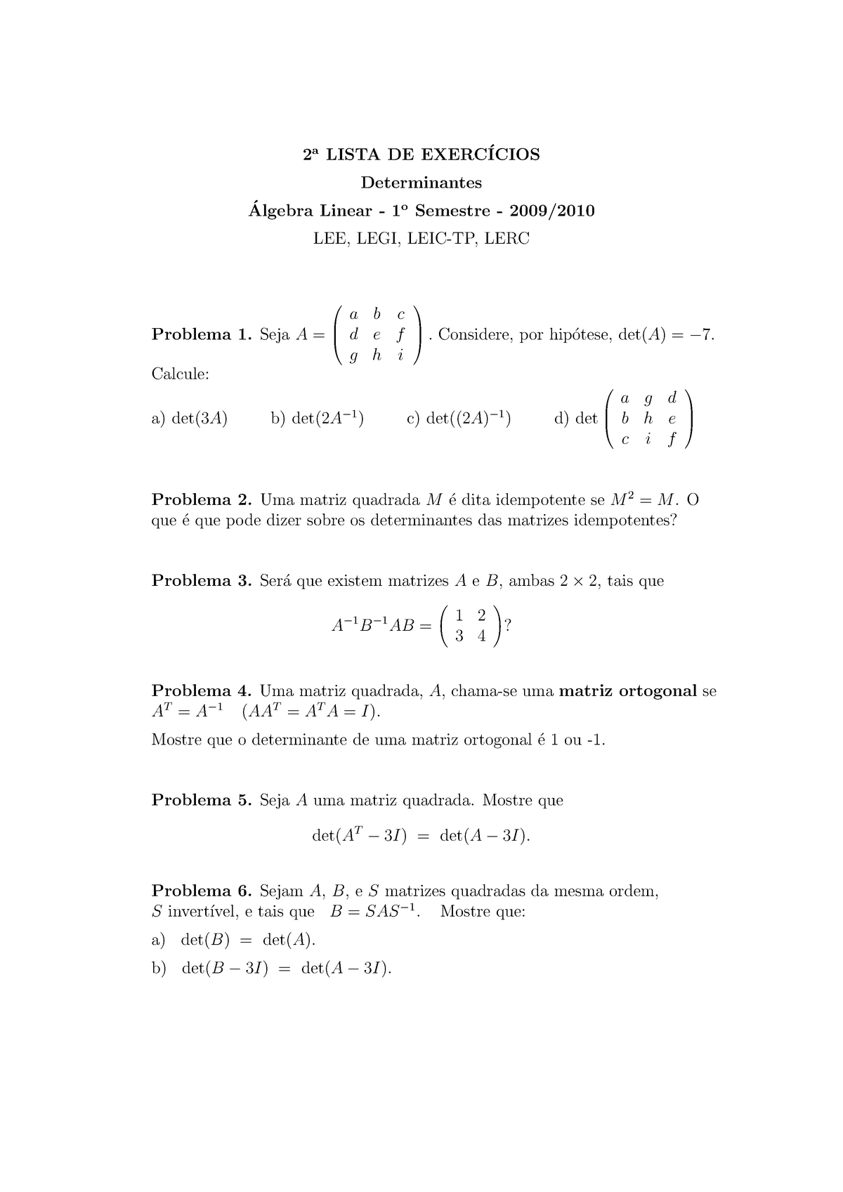 Exercicios - Lista 2 - Álgebra Linear E Geometria Analítica - 2a LISTA ...