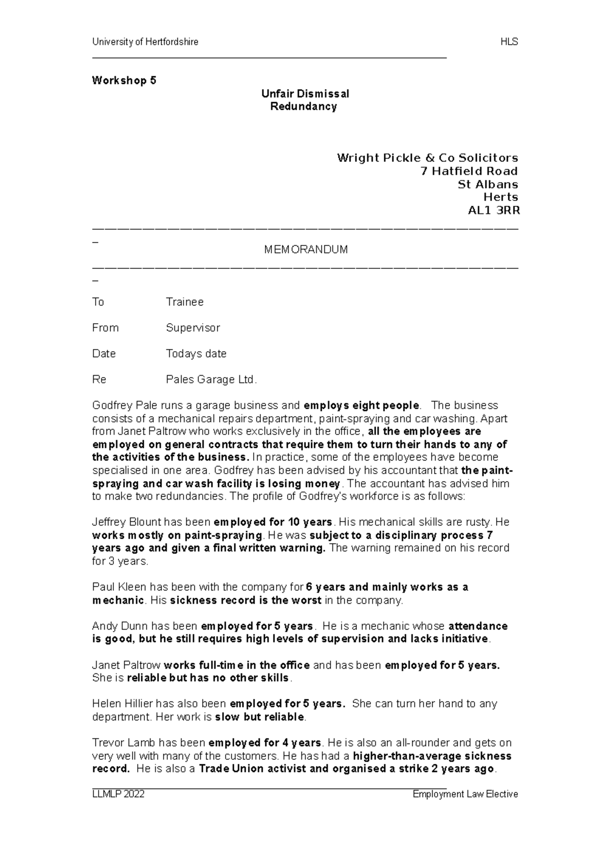 Workshop 5 on redundancy - Workshop 5 Unfair Dismissal Redundancy ...