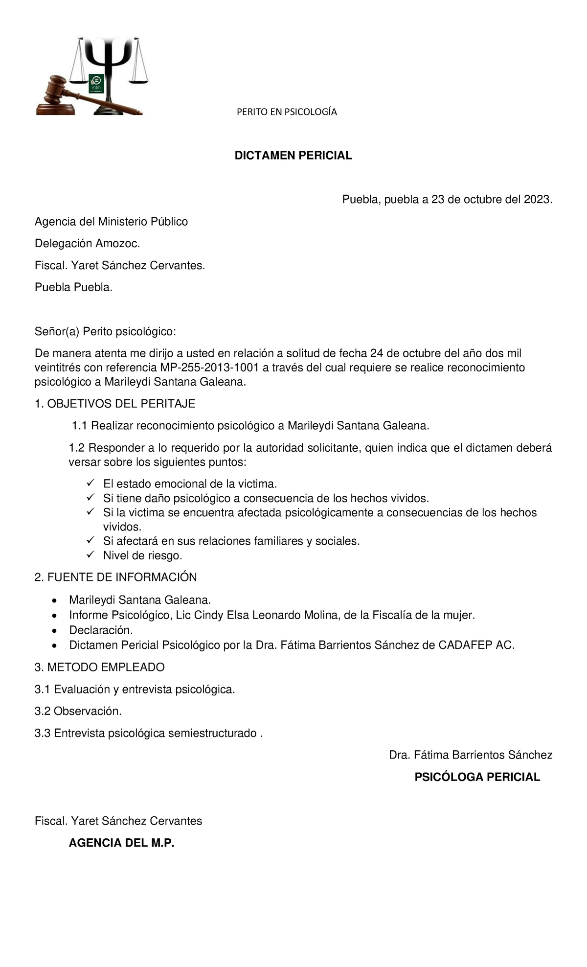 Dictamen Pericial - PERITO EN PSICOLOGÍA DICTAMEN PERICIAL Puebla ...