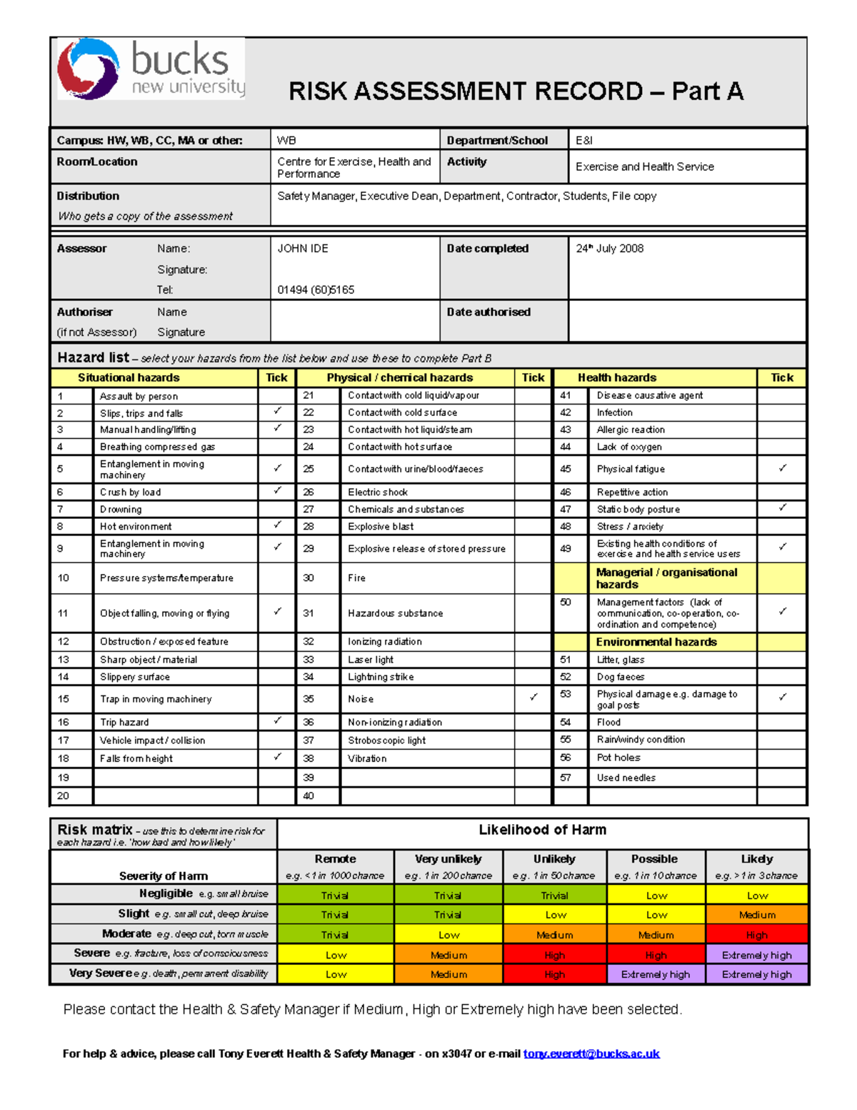 Centre for exercise health and performance risk assessment - RISK ...