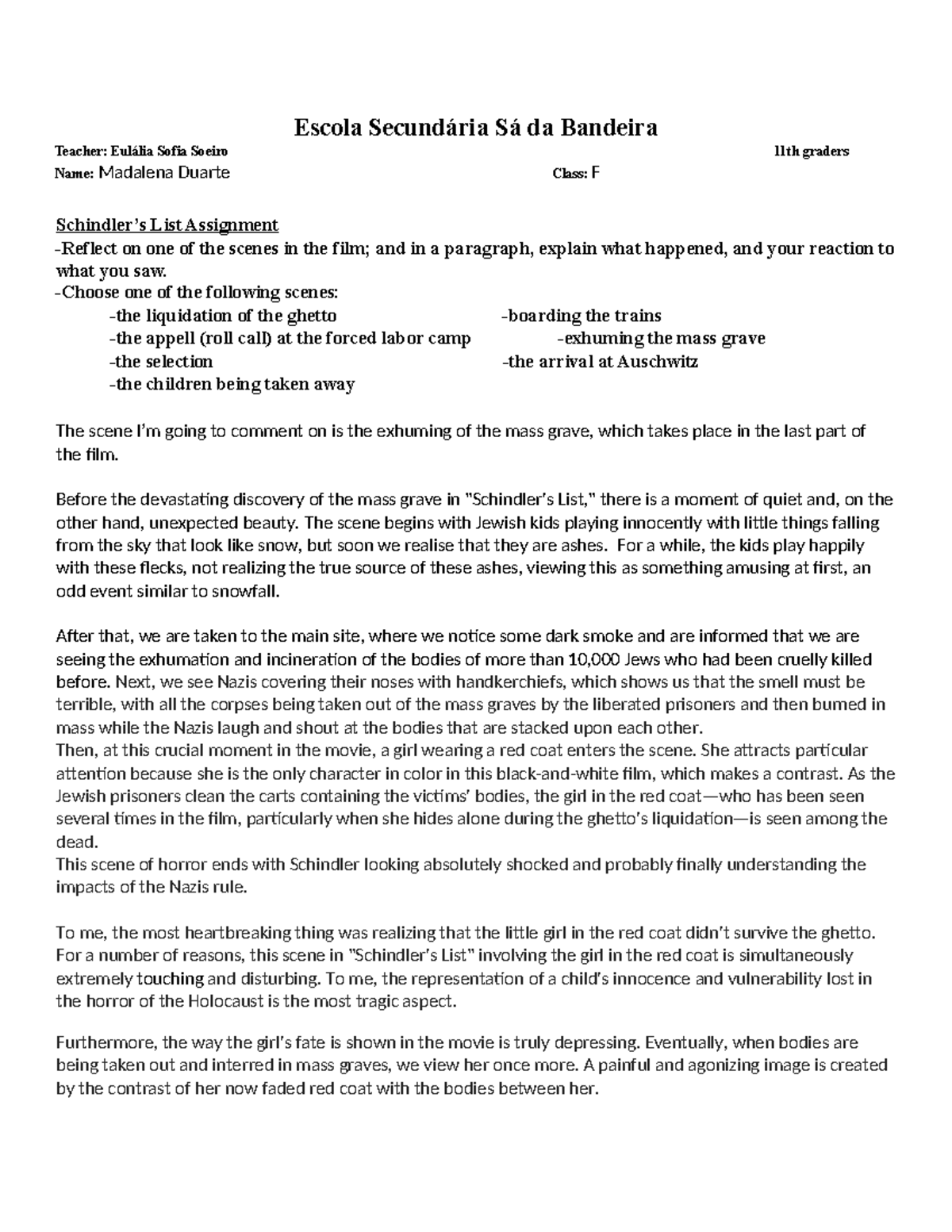 Schindler s List Short Essay Escola Secundária Sá da Bandeira Teacher Eulália Sofia Soeiro
